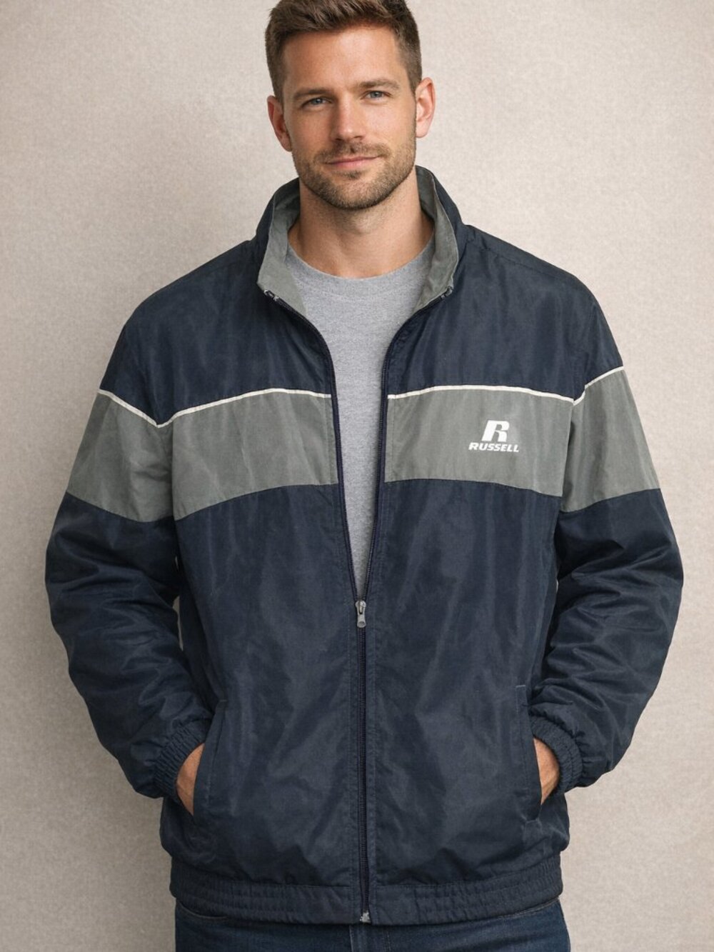 Russell Athletic Windbreaker Jacket Mens Large Full Zip Lightweight Mesh Lined